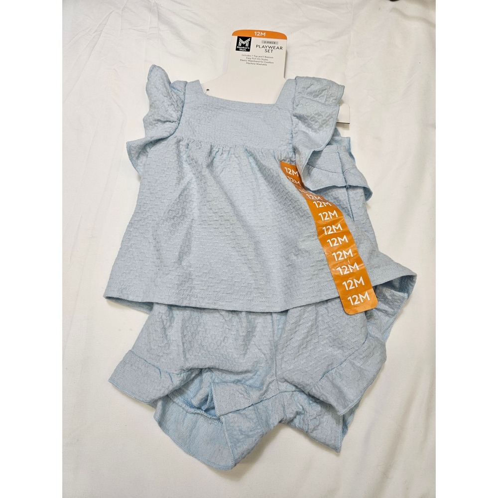 Members Mark Baby Girls 2PC‎ Playwear Set Light Blue Ruffle Top Shorts 12M NEW
